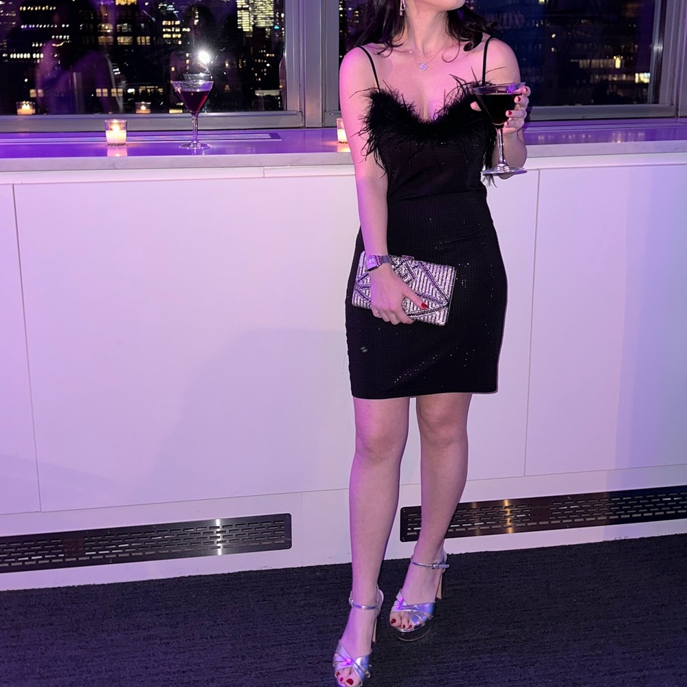 Zara Black Feather Trim Spaghetti Strap Cocktail Dress